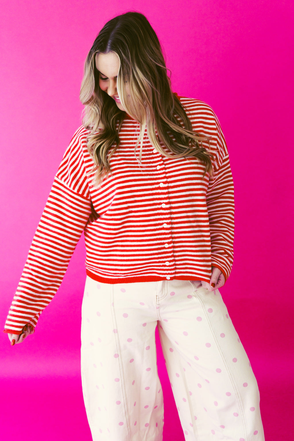 Striped Knit Cardigan Red