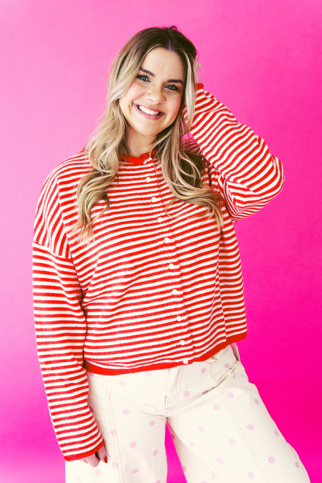 Striped Knit Cardigan Red