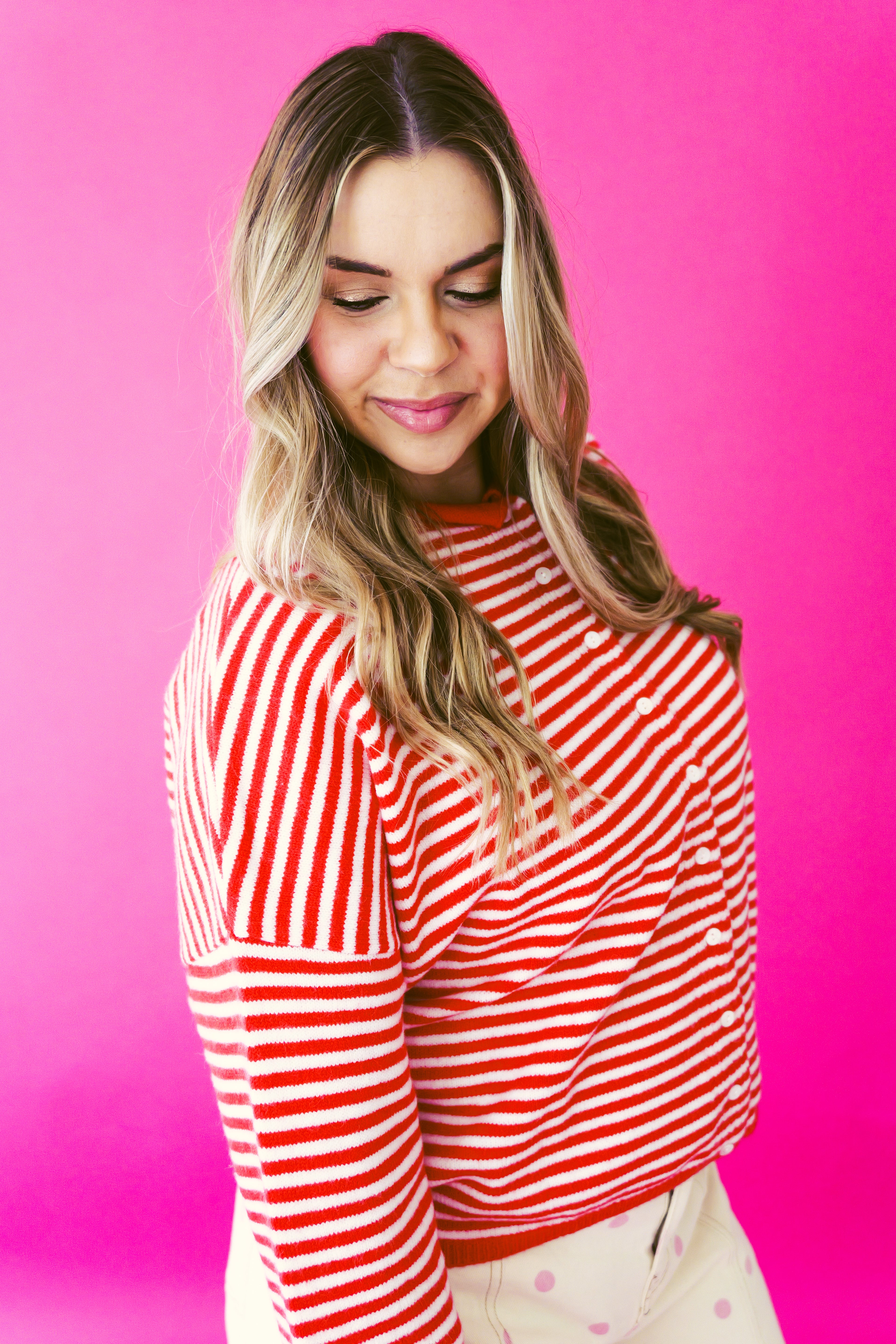 Striped Knit Cardigan Red